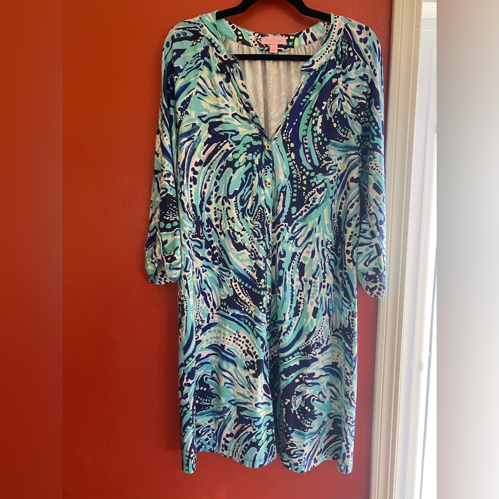Bright Lilly Pulitzer Shift Dress with 3/4 Length Sleeves